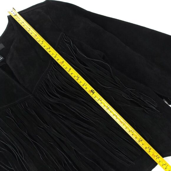 100% Leather Jacket Suede Cropped Western Boho Fringe Tassel Horse Girl Black - Picture 4 of 7
